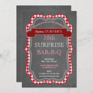 Rustic Chalk Gingham Surprise Birthday BBQ Invite Kaart