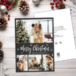 Rustic Chalkboard 4 Foto-collage Kerstmis Feestdagenkaart<br><div class="desc">Rustic Minimal Chalkboard Snowflake 4 Foto Collage Merry Kerstmis Script Holiday Card. Deze feestelijke, minimalistische sjabloon (4) met vier fotovakantiekaarten is voorzien van een fotocollage, een sneeuwvlok en zegt prettig kerstfeest! De tekst met de groet "Merry Kerstmis" is geschreven in een mooie witte kleur met de hand geschreven typografie lettertype...</div>