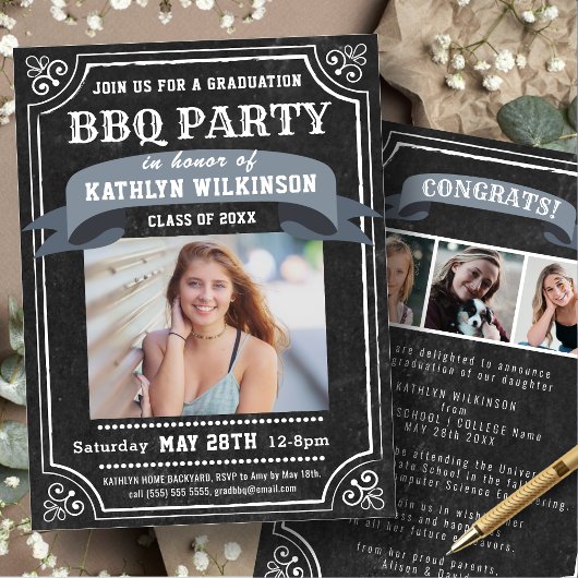 Rustic Chalkboard Afstuderen BBQ Party 4 Foto Kaart