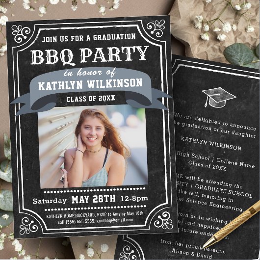 Rustic Chalkboard Afstuderen BBQ Party Photo Kaart