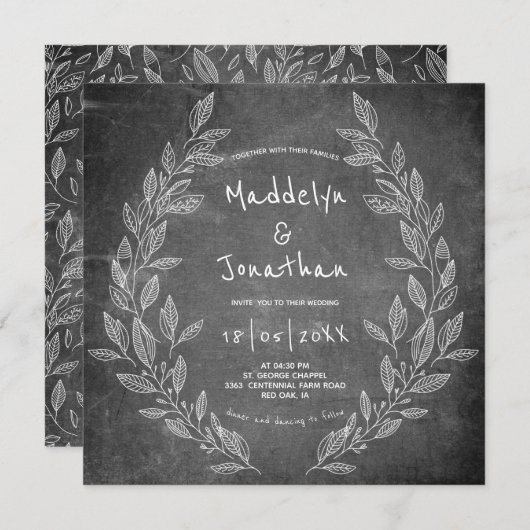 Rustic Chalkboard Black White Floral Weddin Kaart (Voorkant / Achterkant)