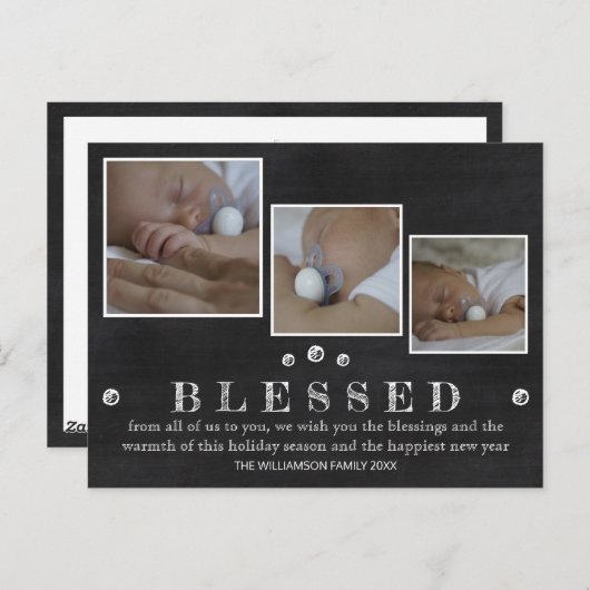 Rustic Chalkboard Blessed Chic 3 Photo Holiday Briefkaart (Voorkant / Achterkant)