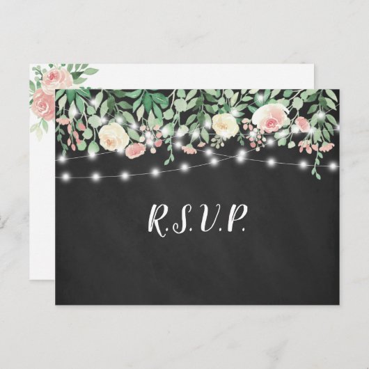 Rustic Chalkboard Blush Floral lights bruiloft rsv Uitnodiging Briefkaart (Voorkant / Achterkant)