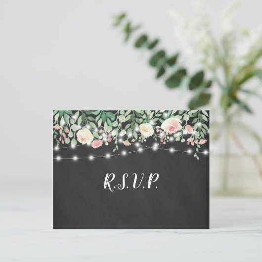 Rustic Chalkboard Blush Floral lights bruiloft rsv Uitnodiging Briefkaart (Staand voorkant)