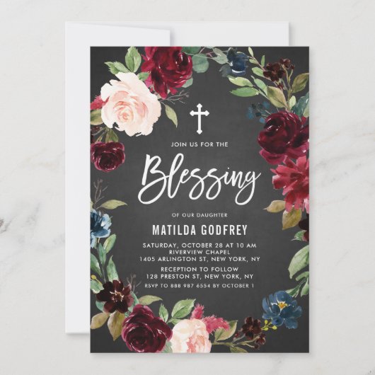 Rustic Chalkboard Burgundy Floral Wreath Blessing Kaart (Voorkant)