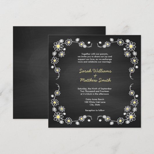 Rustic Chalkboard Daisy Wedding Invitations Kaart (Voorkant / Achterkant)