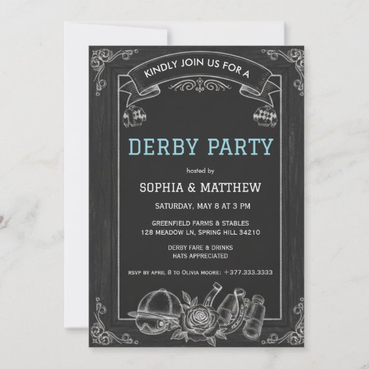Rustic Chalkboard Derby Party Invitation Kaart (Voorkant)