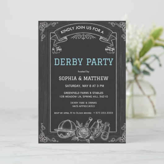 Rustic Chalkboard Derby Party Invitation Kaart (Staand voorkant)