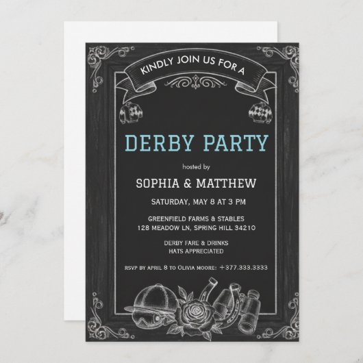 Rustic Chalkboard Derby Party Invitation Kaart (Voorkant / Achterkant)
