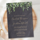 Rustic Chalkboard Eucalyptus Greenery Wedding Kaart<br><div class="desc">Nodig je vrienden en familie uit voor je bruiloft met deze bijtende krijtbordslate met eucalyptus, elegante maar casual trouwuitnodigingen. Personaliseer met namen, trouwdatum, locatie en andere info. Deze unieke uitnodigingen voor een groene bruiloft zullen een blijvende indruk maken. COPYRIGHT © 2020 Judy Burrows, Black Dog Art - Alle rechten voorbehouden....</div>