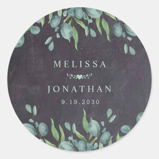 Rustic Chalkboard Eucalyptus Greenery Wedding Ronde Sticker (Voorkant)