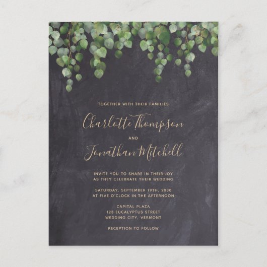 Rustic Chalkboard Eucalyptus Greenery Wedding Uitnodiging Briefkaart (Voorkant)