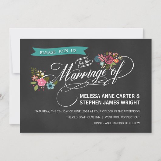Rustic Chalkboard Floral Banner Wedding Invites Kaart (Voorkant)