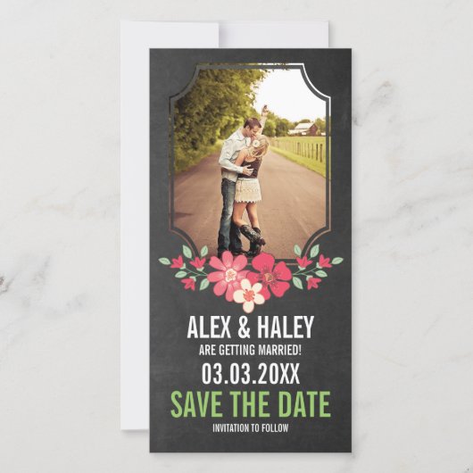 Rustic Chalkboard Floral Save the Date Photo Card (Voorkant)
