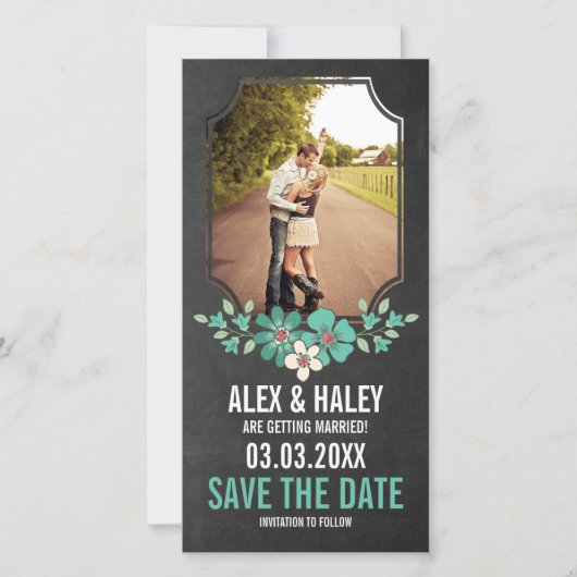 Rustic Chalkboard Floral Save the Date Photo Card (Voorkant)