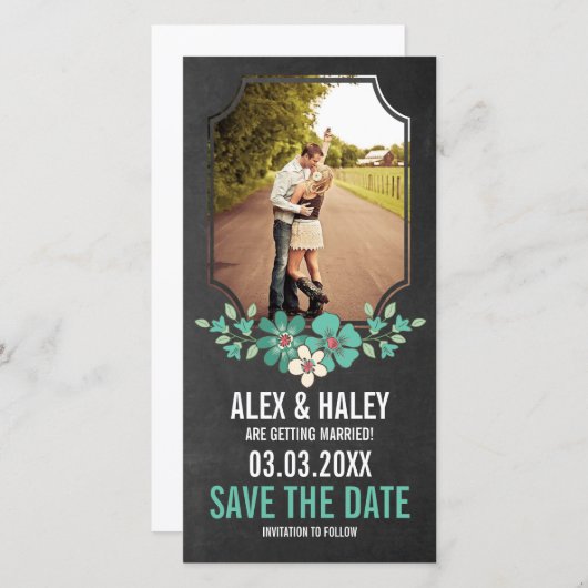 Rustic Chalkboard Floral Save the Date Photo Card (Voorkant / Achterkant)