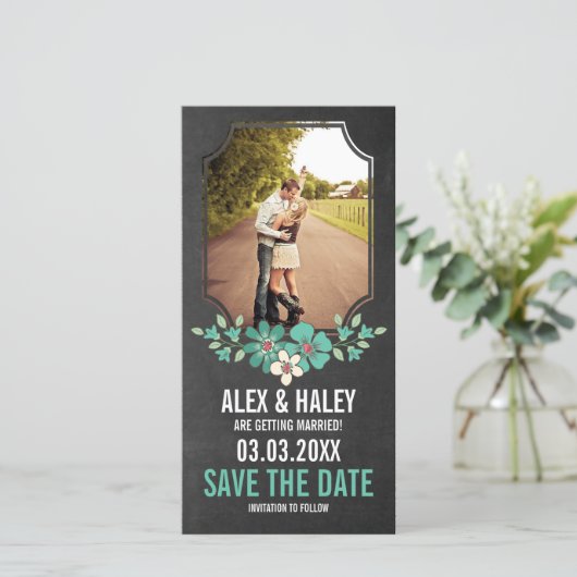 Rustic Chalkboard Floral Save the Date Photo Card (Staand voorkant)