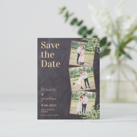 Rustic Chalkboard Greenery 3 Foto slaat de datum o Briefkaart (Staand voorkant)