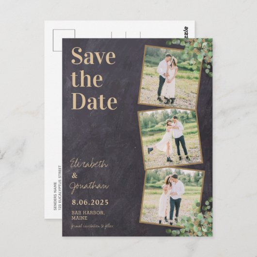 Rustic Chalkboard Greenery 3 Foto slaat de datum o Briefkaart (Voorkant / Achterkant)