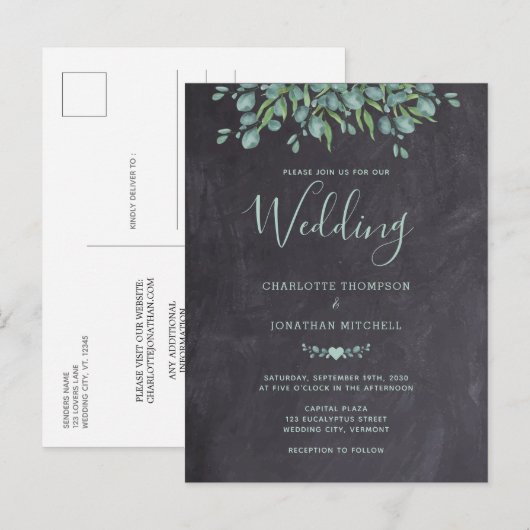 Rustic Chalkboard Greenery Eucalyptus Wedding Uitnodiging Briefkaart (Voorkant / Achterkant)