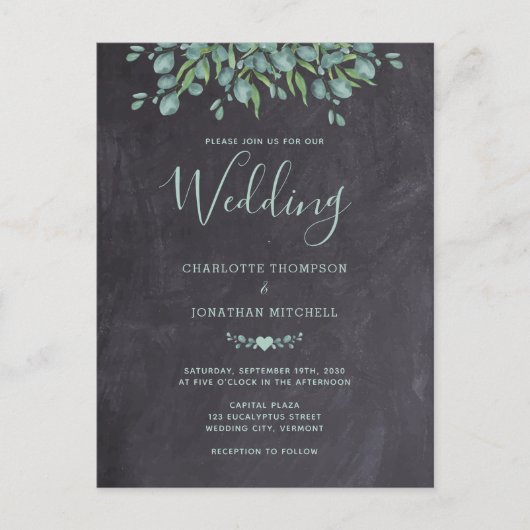 Rustic Chalkboard Greenery Eucalyptus Wedding Uitnodiging Briefkaart (Voorkant)