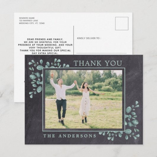 Rustic Chalkboard Greenery Foliage Foto bedankt Briefkaart (Voorkant / Achterkant)