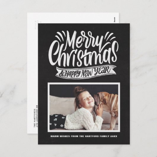 Rustic Chalkboard Merry Christmas Script Foto Feestdagenkaart (Voorkant / Achterkant)