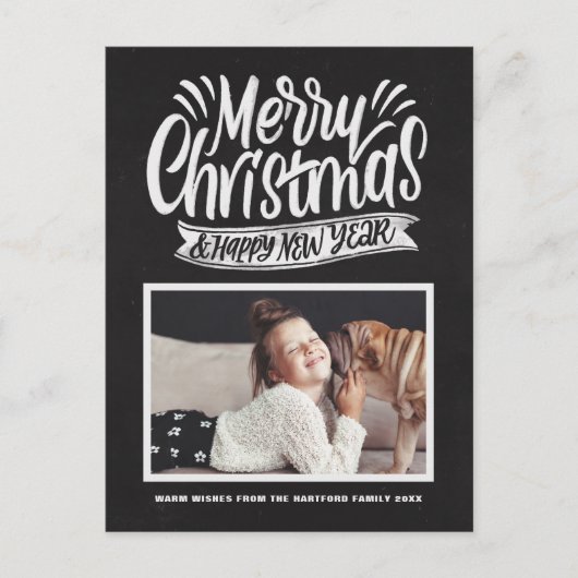 Rustic Chalkboard Merry Christmas Script Foto Feestdagenkaart (Voorkant)