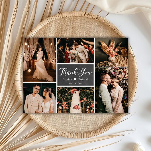 Rustic Chalkboard Multi Photo Collage Wedding Bedankkaart