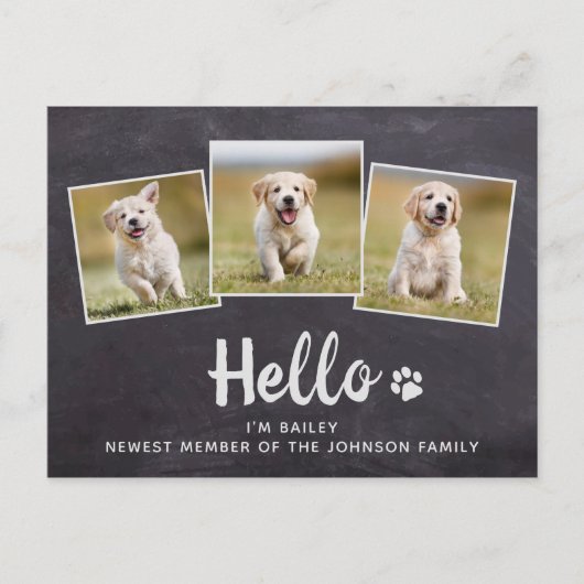 Rustic Chalkboard New Pet Photo Hallo Puppy Dog Aankondigingskaart (Voorkant)