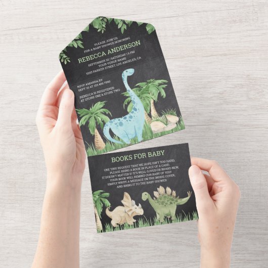 Rustic Chalkboard Oerwoud Cute Dinosaur Baby showe All In One Uitnodiging (Afscheurbaar)