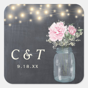 Rustic Chalkboard Peony Floral Mason Jar   Vierkante Sticker