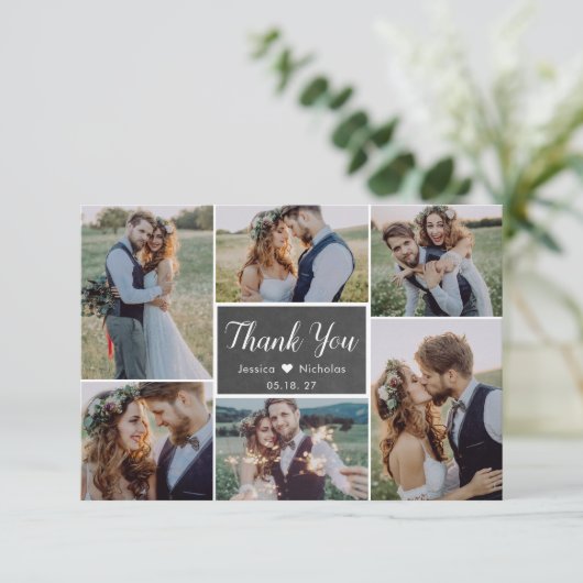Rustic Chalkboard Script 6 Photo Collage Wedding Bedankkaart (Staand voorkant)