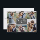 Rustic Chalkboard Script 6 Photo Collage Wedding Bedankkaart<br><div class="desc">Modern kalligrafie script eenvoudige rustieke krijtbord bruiloft 6 foto collage dank u kaart. Stijlvolle bruiloft dank u kaart sjabloon met zes (6) foto op de voorkant en een (1) foto aan de achterkant. Met de tekst "dank u" in een wervelende hand letterschrift lettertype in wit op donkergrijze of zwarte kleur...</div>