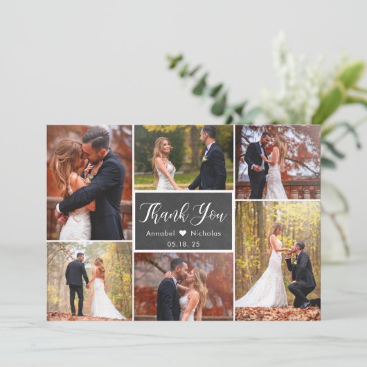 Rustic Chalkboard Script 6 Photo Collage Wedding Bedankkaart (Staand voorkant)