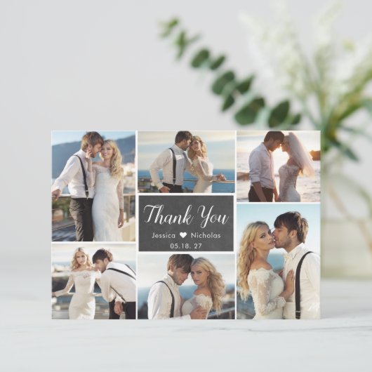 Rustic Chalkboard Script 6 Photo Collage Wedding Bedankkaart (Staand voorkant)
