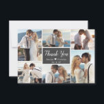 Rustic Chalkboard Script 6 Photo Collage Wedding Bedankkaart<br><div class="desc">Moderne, rustieke krijtbord kalligrafie script bruiloft 6 foto collage dank u kaart. Stijlvolle bruiloft dank u kaart sjabloon met zes (6) foto op de voorkant en een (1) foto aan de achterkant. Met de tekst "dank u" in een wervelende hand letterschrift lettertype in wit op donkergrijze of zwarte kleur krijtbord...</div>