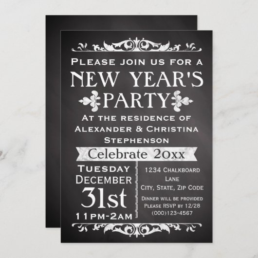 Rustic Chalkboard Slate New Year's Party Kaart (Voorkant / Achterkant)