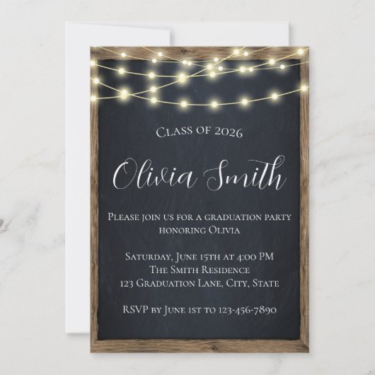 Rustic Chalkboard & String Lights Graduation Party Kaart (Voorkant)