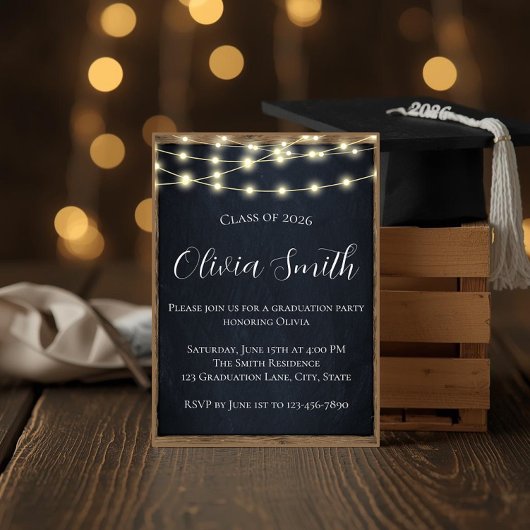 Rustic Chalkboard & String Lights Graduation Party Kaart