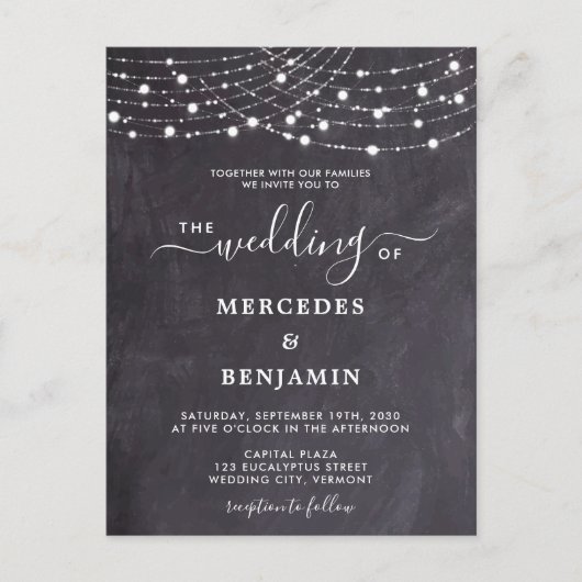 Rustic Chalkboard String Lights QR Code Weddenscha Uitnodiging Briefkaart (Voorkant)