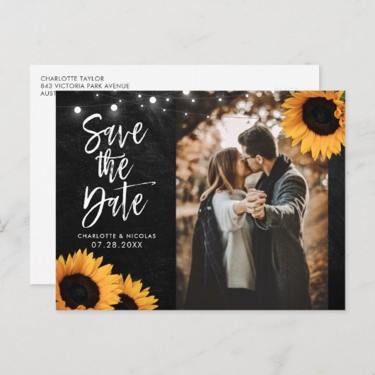 Rustic Chalkboard Sunflower Save the Date Photo Briefkaart (Voorkant / Achterkant)