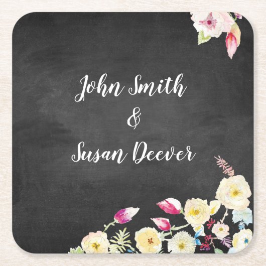 Rustic Chalkboard Vintage Floral Wedding Kartonnen Onderzetters (Voorkant)