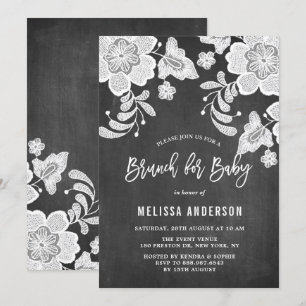 Rustic Chalkboard White Floral Lace Baby Brunch Kaart