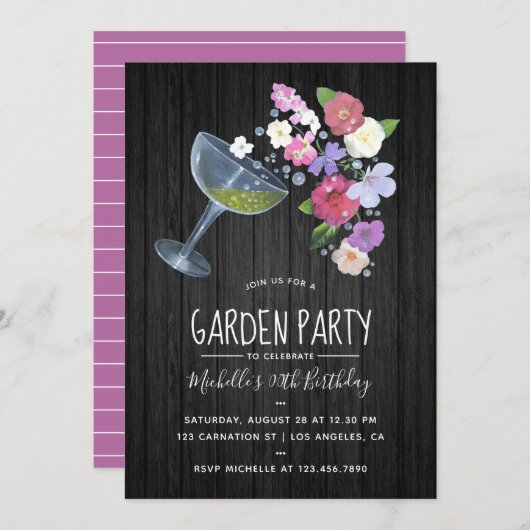 Rustic Champagne floral Garden Party Invitation Kaart (Voorkant / Achterkant)