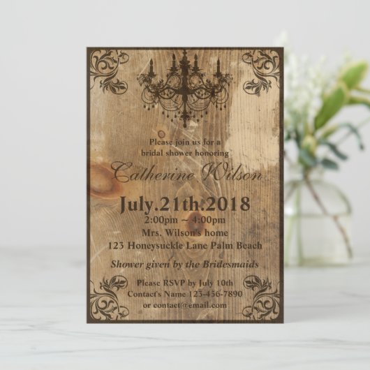 Rustic Chandelier Bridal Shower Invitation RSVP Kaart (Staand voorkant)