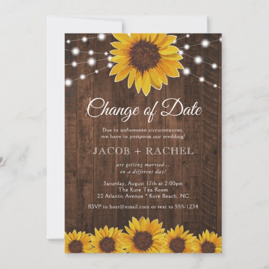 Rustic Change of Date Sunflower Lights Wedding Kaart (Voorkant)
