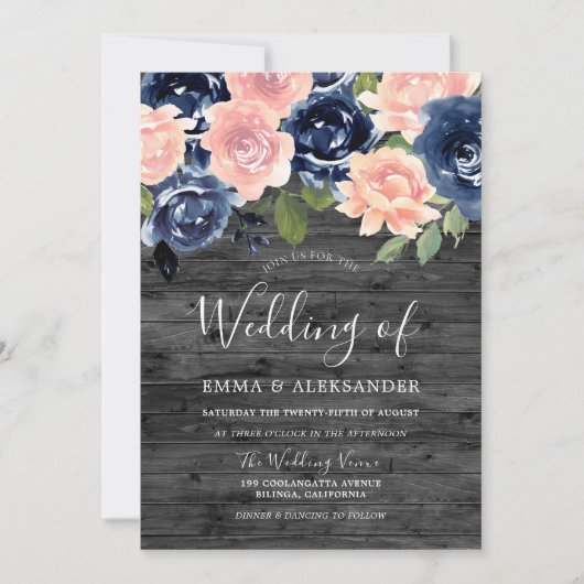 Rustic Charcoal Blush & Navy Floral Wedding Kaart (Voorkant)
