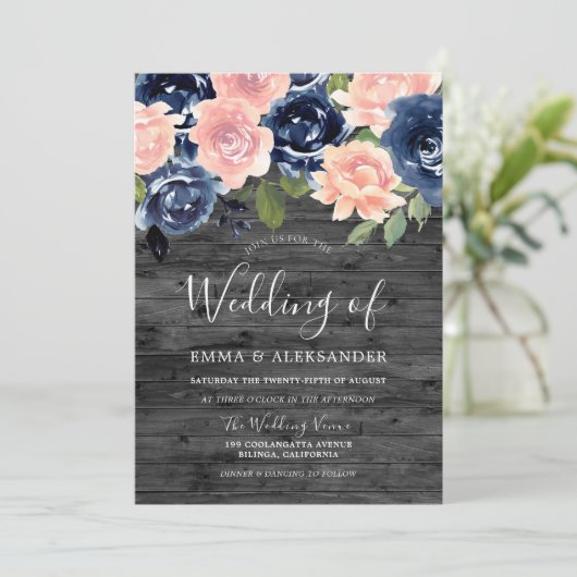 Rustic Charcoal Blush & Navy Floral Wedding Kaart (Staand voorkant)