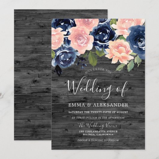 Rustic Charcoal Blush & Navy Floral Wedding Kaart (Voorkant / Achterkant)